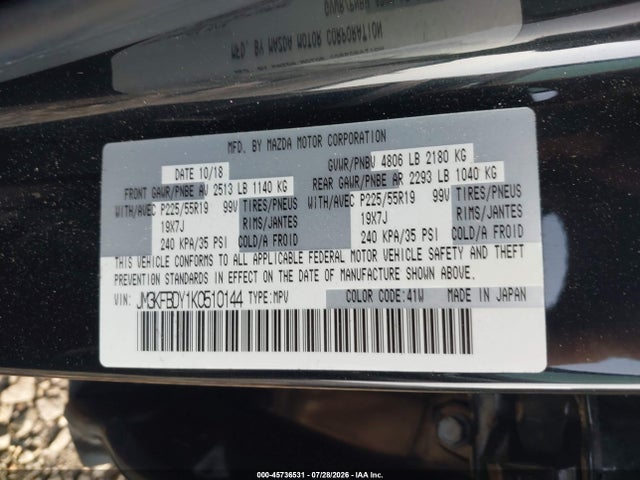 Aukcja sprzedaży 2019 Mazda Cx-5 Grand Touring Reserve, vin: JM3KFBDY1K0510144, numer aukcji: 45736531