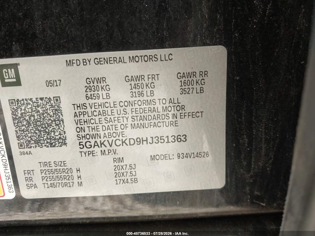 45736533 :رقم المزاد ، 5GAKVCKD9HJ351363 vin ، 2017 Buick Enclave Premium مزاد بيع
