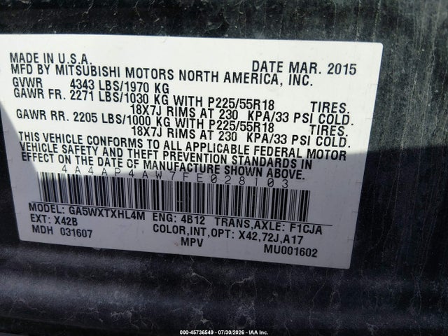 2015 Mitsubishi Outlander Sport Gt მანქანა იყიდება აუქციონზე, vin: 4A4AP4AW7FE028103, აუქციონის ნომერი: 45736549