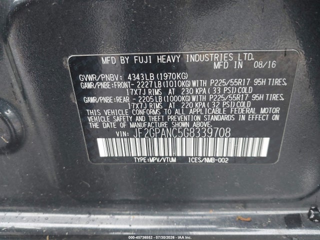 45736552 :رقم المزاد ، JF2GPANC5G8339708 vin ، 2016 Subaru Crosstrek 2.0i Limited مزاد بيع