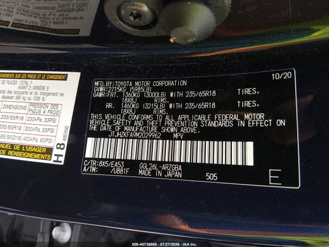 Aukcja sprzedaży 2021 Lexus Rx 350l, vin: JTJHZKFA9M2029962, numer aukcji: 45736568