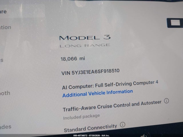 2025 Tesla Model 3 Long Range Rear-wheel Drive/standard Rear-wheel Drive მანქანა იყიდება აუქციონზე, vin: 5YJ3E1EA6SF918510, აუქციონის ნომერი: 45736572