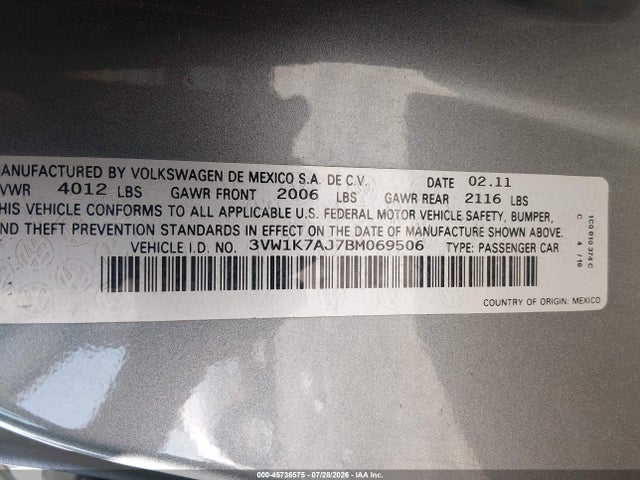 2011 Volkswagen Jetta 2.0l S მანქანა იყიდება აუქციონზე, vin: 3VW1K7AJ7BM069506, აუქციონის ნომერი: 45736575