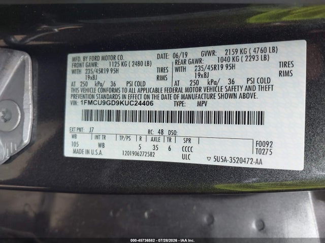 Продажа на аукционе авто 2019 Ford Escape Se, vin: 1FMCU9GD9KUC24406, номер лота: 45736582