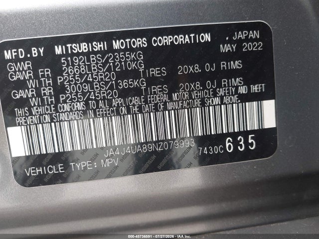 Aukcja sprzedaży 2022 Mitsubishi Outlander Black Edition S-awc/se 2.5 S-awc/se Launch Edition S-awc, vin: JA4J4UA89NZ079993, numer aukcji: 45736591