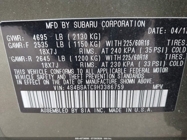 Aukcja sprzedaży 2017 Subaru Outback 2.5i Touring, vin: 4S4BSATC9H3386759, numer aukcji: 45736595