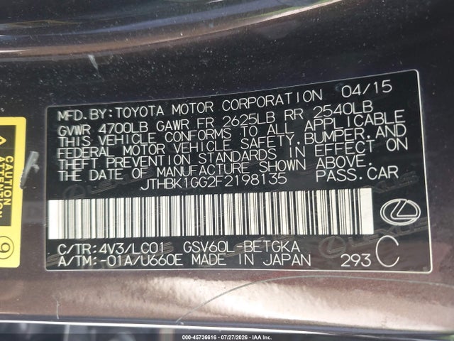 Продажа на аукционе авто 2015 Lexus Es 350, vin: JTHBK1GG2F2198135, номер лота: 45736616