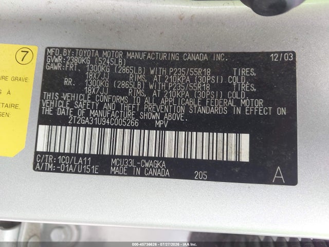 45736626 :رقم المزاد ، 2T2GA31U94C005266 vin ، 2004 Lexus Rx 330 مزاد بيع