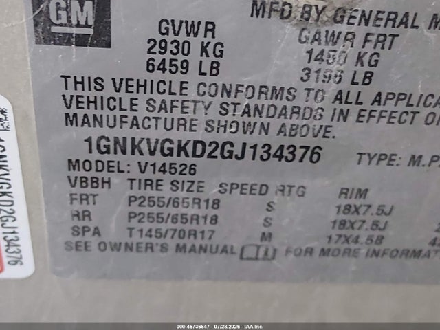 45736647 :رقم المزاد ، 1GNKVGKD2GJ134376 vin ، 2016 Chevrolet Traverse Lt مزاد بيع