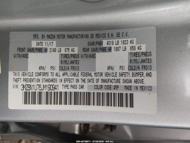 2018 Mazda Mazda3 Sport მანქანა იყიდება აუქციონზე, vin: 3MZBN1U76JM190941, აუქციონის ნომერი: 45736671