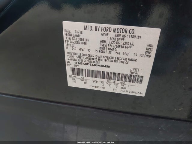 Продаж на аукціоні авто 2018 Ford Explorer Xlt, vin: 1FM5K8D83JGA80459, номер лоту: 45736672