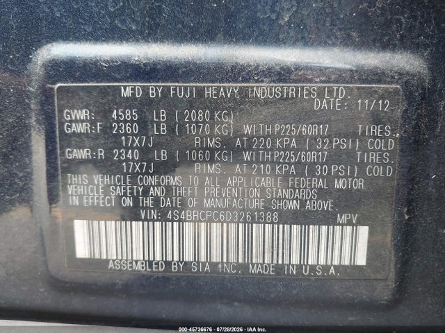 45736676 :رقم المزاد ، 4S4BRCPC6D3261388 vin ، 2013 Subaru Outback 2.5i Limited مزاد بيع