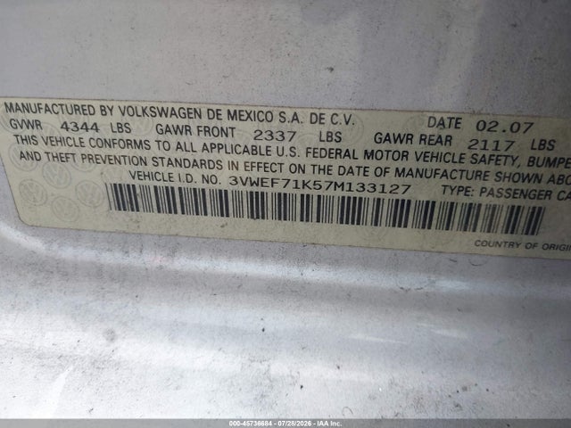 Продаж на аукціоні авто 2007 Volkswagen Jetta Wolfsburg Edition, vin: 3VWEF71K57M133127, номер лоту: 45736684