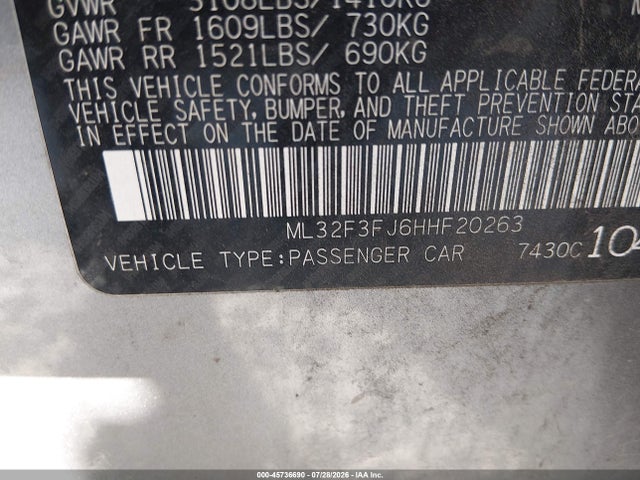 45736690 :رقم المزاد ، ML32F3FJ6HHF20263 vin ، 2017 Mitsubishi Mirage G4 Es مزاد بيع