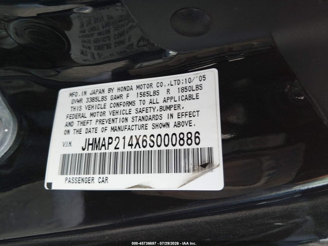Aukcja sprzedaży 2006 Honda S2000, vin: JHMAP214X6S000886, numer aukcji: 45736697