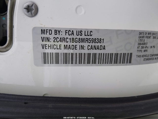Продажа на аукционе авто 2021 Chrysler Pacifica Touring L, vin: 2C4RC1BG8MR598381, номер лота: 45736710
