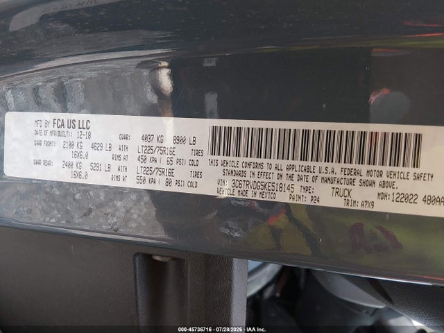 45736716 :رقم المزاد ، 3C6TRVDG5KE518145 vin ، 2019 Ram Promaster 2500 High Roof 159 Wb مزاد بيع