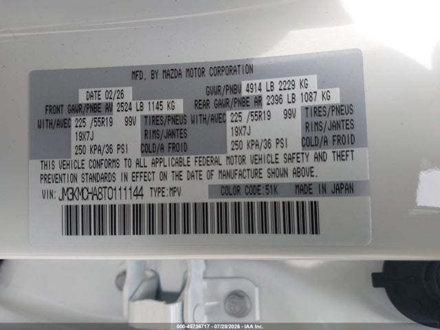 Aukcja sprzedaży 2026 Mazda Cx-5 2.5 S Preferred, vin: JM3KMCHA8T0111144, numer aukcji: 45736717