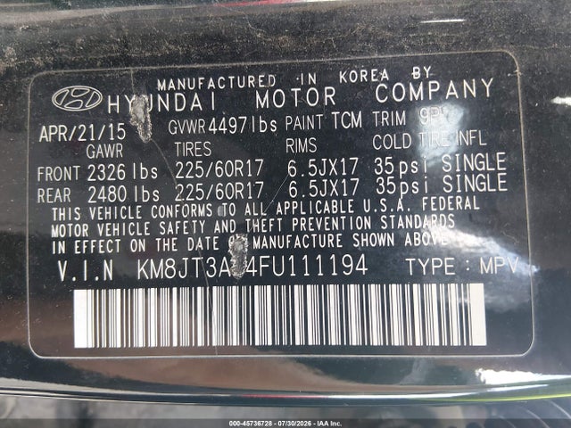 2015 Hyundai Tucson Gls მანქანა იყიდება აუქციონზე, vin: KM8JT3AF4FU111194, აუქციონის ნომერი: 45736728