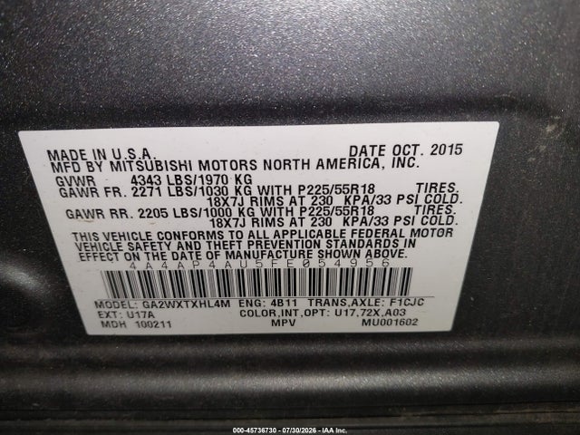 45736730 :رقم المزاد ، 4A4AP4AU5FE054956 vin ، 2015 Mitsubishi Outlander Sport Se مزاد بيع