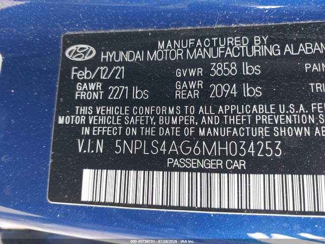 2021 Hyundai Elantra Sel მანქანა იყიდება აუქციონზე, vin: 5NPLS4AG6MH034253, აუქციონის ნომერი: 45736731
