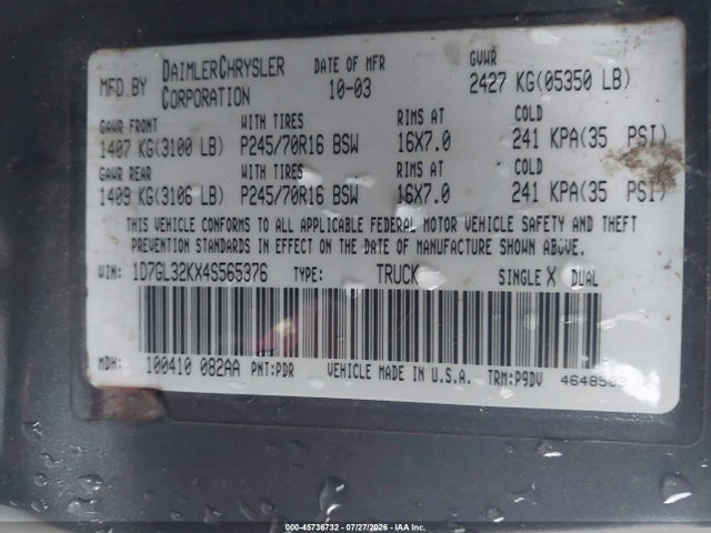 Aukcja sprzedaży 2004 Dodge Dakota Sport, vin: 1D7GL32KX4S565376, numer aukcji: 45736732
