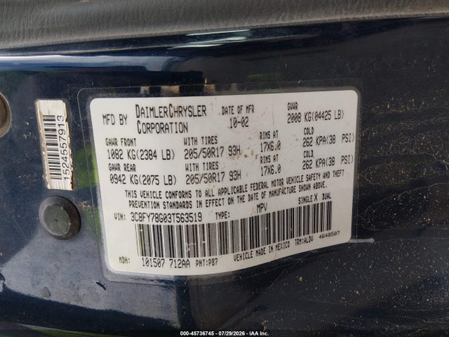 45736745 :رقم المزاد ، 3C8FY78G03T563519 vin ، 2003 Chrysler Pt Cruiser Gt مزاد بيع