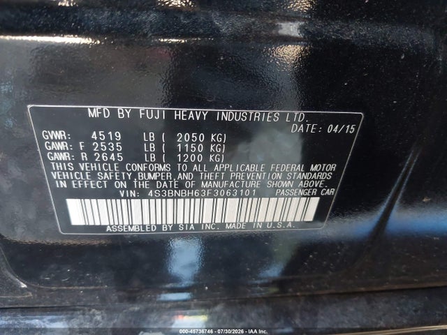 2015 Subaru Legacy 2.5i Premium მანქანა იყიდება აუქციონზე, vin: 4S3BNBH63F3063101, აუქციონის ნომერი: 45736746