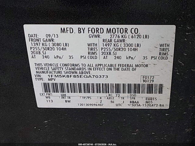 45736748 :رقم المزاد ، 1FM5K8F85EGA70373 vin ، 2014 Ford Explorer Limited مزاد بيع