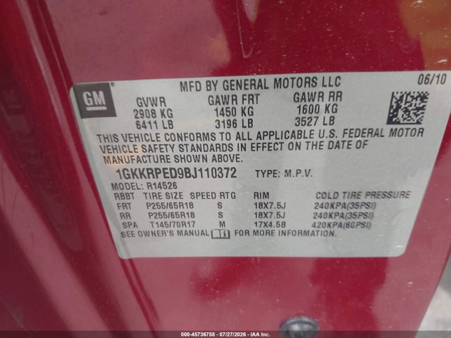 Продаж на аукціоні авто 2011 Gmc Acadia Sle, vin: 1GKKRPED9BJ110372, номер лоту: 45736758