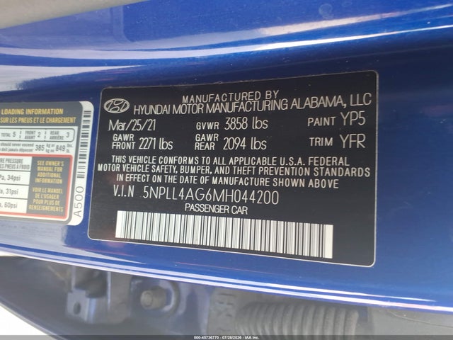 Aukcja sprzedaży 2021 Hyundai Elantra Se, vin: 5NPLL4AG6MH044200, numer aukcji: 45736770