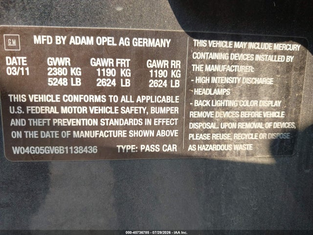 Aukcja sprzedaży 2011 Buick Regal Cxl Turbo Russelsheim, vin: W04G05GV6B1138436, numer aukcji: 45736785