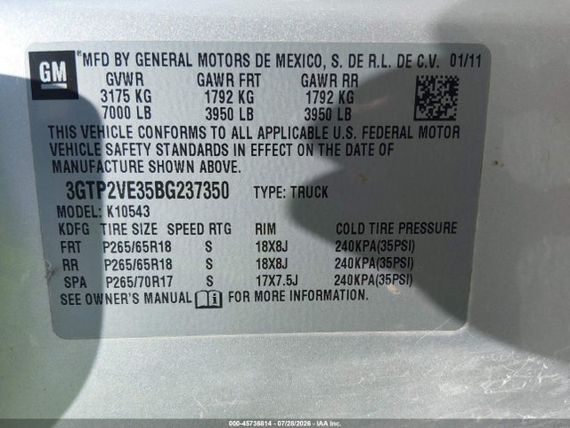 Aukcja sprzedaży 2011 Gmc Sierra 1500 Sle, vin: 3GTP2VE35BG237350, numer aukcji: 45736814