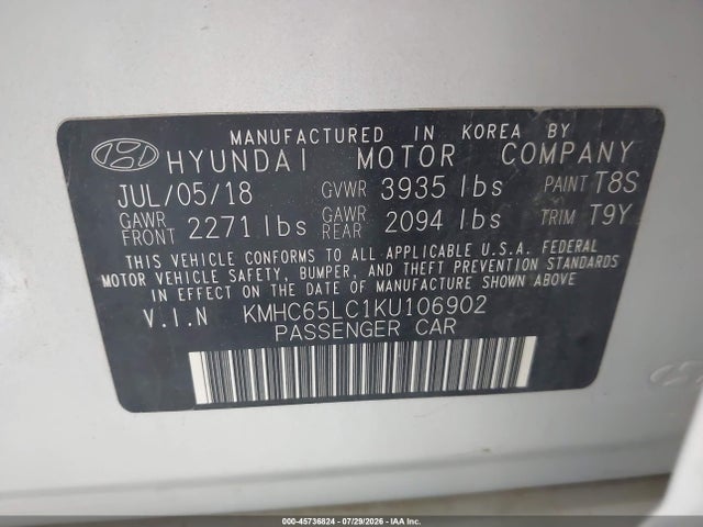 45736824 :رقم المزاد ، KMHC65LC1KU106902 vin ، 2019 Hyundai Ioniq Hybrid Blue مزاد بيع