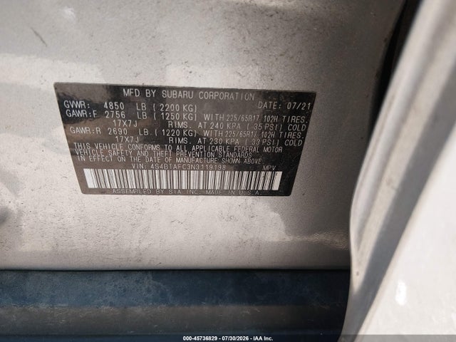 2022 Subaru Outback Premium მანქანა იყიდება აუქციონზე, vin: 4S4BTAFC3N3119198, აუქციონის ნომერი: 45736829
