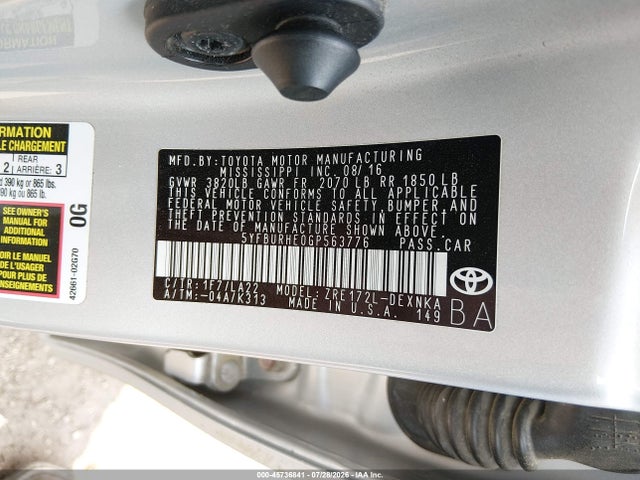 2016 Toyota Corolla Le Premium მანქანა იყიდება აუქციონზე, vin: 5YFBURHE0GP563776, აუქციონის ნომერი: 45736841