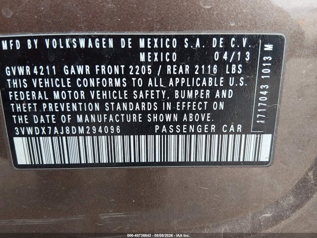 Aukcja sprzedaży 2013 Volkswagen Jetta 2.5l Se, vin: 3VWDX7AJ8DM294096, numer aukcji: 45736842