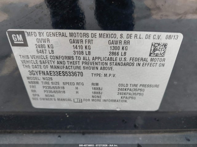 Aukcja sprzedaży 2014 Cadillac Srx Standard, vin: 3GYFNAE33ES533670, numer aukcji: 45736853