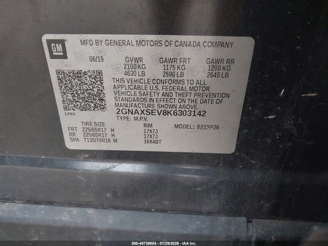 45736884 :رقم المزاد ، 2GNAXSEV8K6303142 vin ، 2019 Chevrolet Equinox Ls مزاد بيع