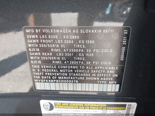 Продаж на аукціоні авто 2012 Volkswagen Touareg Tdi Sport, vin: WVGFK9BP9CD003278, номер лоту: 45736896