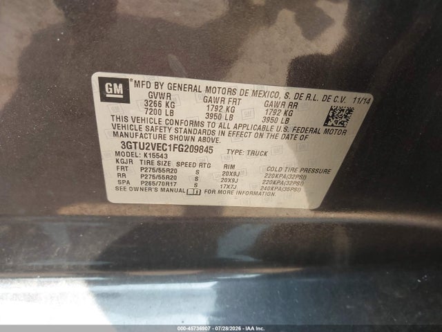 45736907 :رقم المزاد ، 3GTU2VEC1FG209845 vin ، 2015 Gmc Sierra 1500 Slt مزاد بيع