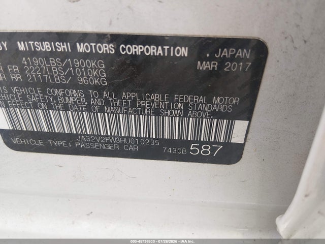 Aukcja sprzedaży 2017 Mitsubishi Lancer Sel, vin: JA32V2FW3HU010235, numer aukcji: 45736930