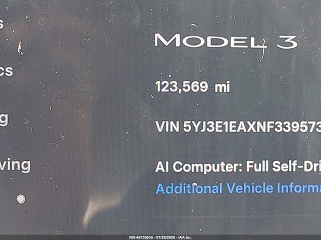 45736935 :رقم المزاد ، 5YJ3E1EAXNF339573 vin ، 2022 Tesla Model 3 Rear-wheel Drive مزاد بيع