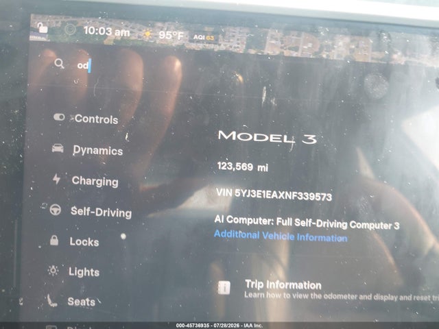 45736935 :رقم المزاد ، 5YJ3E1EAXNF339573 vin ، 2022 Tesla Model 3 Rear-wheel Drive مزاد بيع