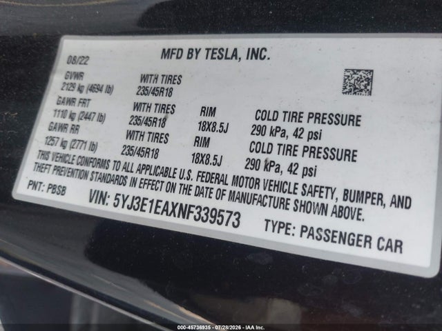45736935 :رقم المزاد ، 5YJ3E1EAXNF339573 vin ، 2022 Tesla Model 3 Rear-wheel Drive مزاد بيع