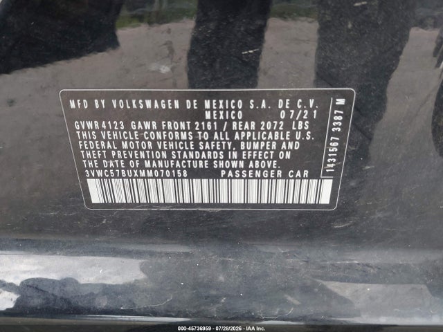 2021 Volkswagen Jetta 1.4t R-line/1.4t Se/s მანქანა იყიდება აუქციონზე, vin: 3VWC57BUXMM070158, აუქციონის ნომერი: 45736959