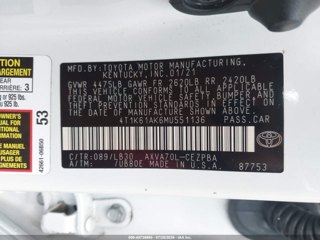 Aukcja sprzedaży 2021 Toyota Camry Xse, vin: 4T1K61AK6MU551136, numer aukcji: 45736960