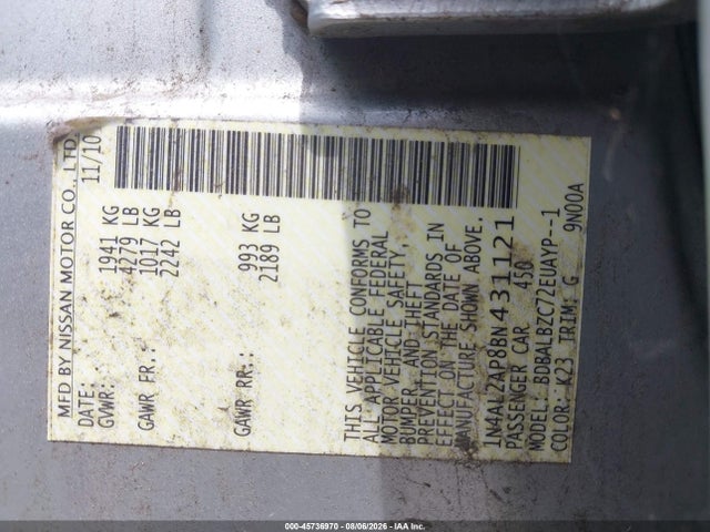 2011 Nissan Altima 2.5 S მანქანა იყიდება აუქციონზე, vin: 1N4AL2AP8BN431121, აუქციონის ნომერი: 45736970