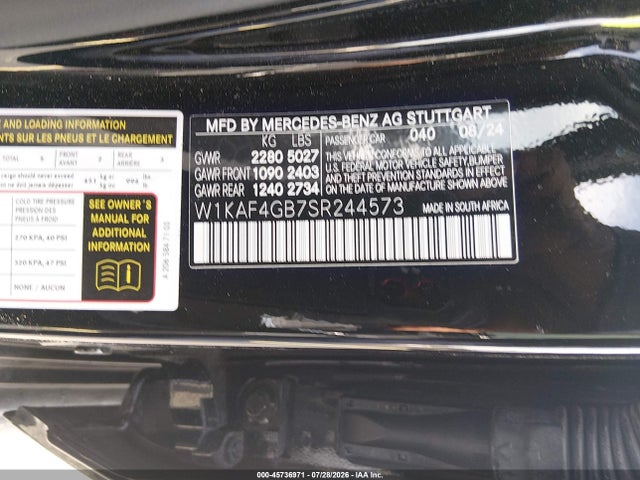 Aukcja sprzedaży 2025 Mercedes-benz C 300, vin: W1KAF4GB7SR244573, numer aukcji: 45736971