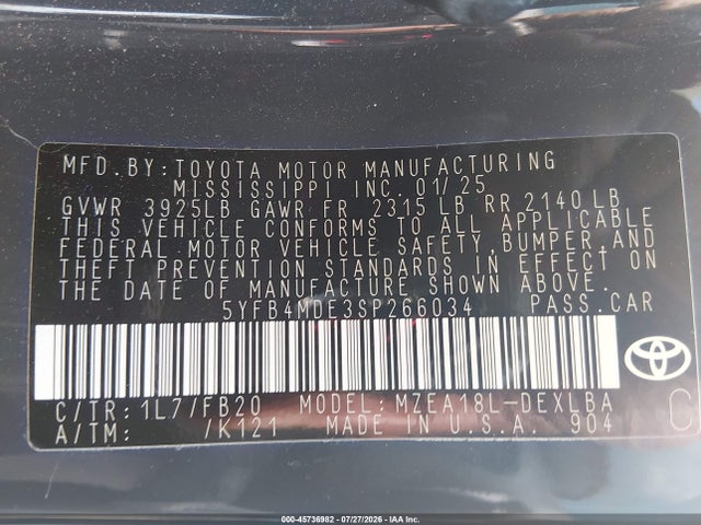 Aukcja sprzedaży 2025 Toyota Corolla Le, vin: 5YFB4MDE3SP266034, numer aukcji: 45736982